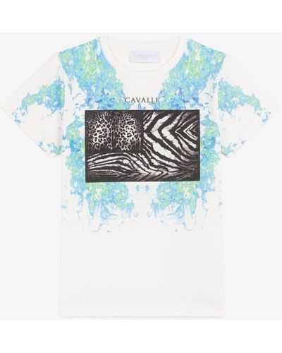 Roberto Cavalli T-shirt mit animalischem patchwork und flammen-print - Blau