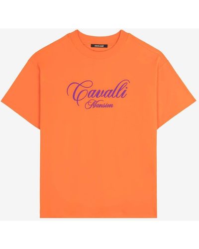 Roberto Cavalli Baumwoll-t-shirt mit logo-bestickung - Orange