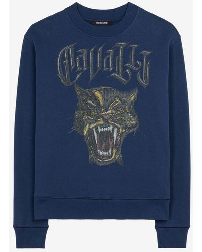 Roberto Cavalli Sweatshirt aus baumwolle mit panther und logo-stickerei - Blau