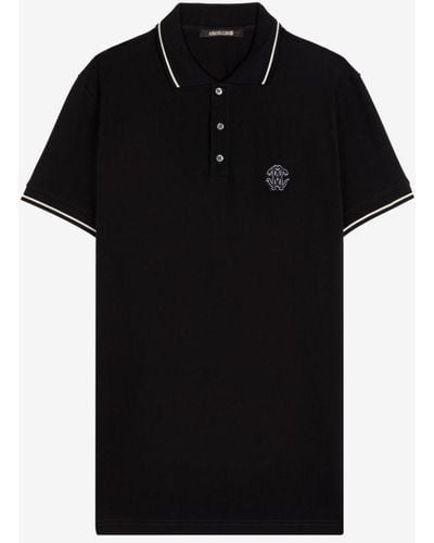 Roberto Cavalli Mirror Snake Cotton Polo Shirt - Black