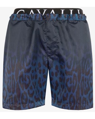 Roberto Cavalli Leopard Print Logo-waistband Swim Shorts - Blue