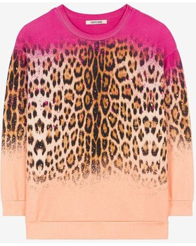 Roberto Cavalli Sweatshirt aus baumwolle mit jaguar-print - Pink