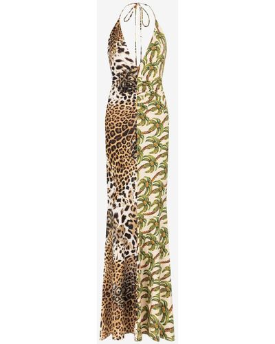 Roberto Cavalli Neckholder-kleid mit jaguar und palmen-print - Weiß