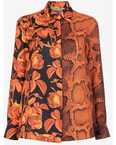 Roberto Cavalli Seidenhemd mit rosen- und pythonprint - Orange