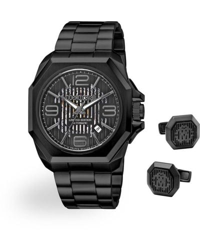 Roberto Cavalli Automatic Watch With Steel Bracelet And Cufflinks - Black