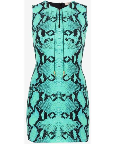 Roberto Cavalli Lace-up Python-print Mini Dress - Blue