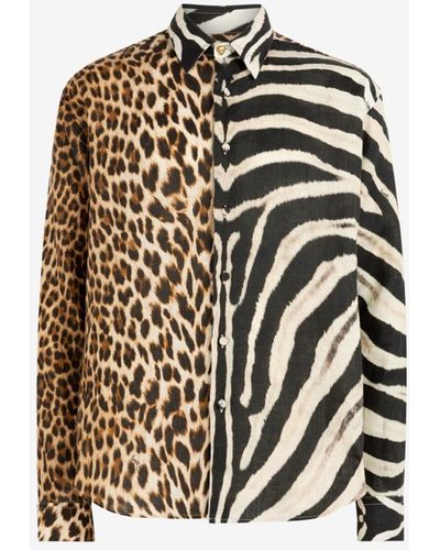 Roberto Cavalli Leinenhemd mit leoparden- und zebra-print - Mehrfarbig