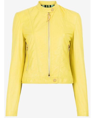 Roberto Cavalli Zipped Leather Biker Jacket - Yellow