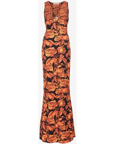 Roberto Cavalli Python And Rose-print Maxi Dress - Orange
