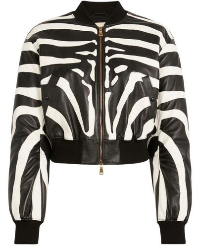 Roberto Cavalli Zebra Avantgarde Print Leather Bomber Jacket - Black