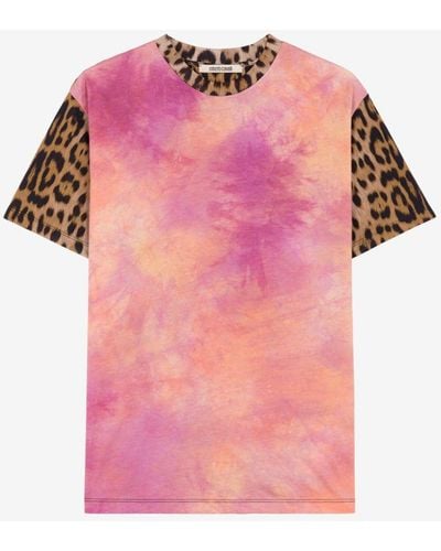 Roberto Cavalli Leopard-print Tie-dye Paneled T-shirt - Pink