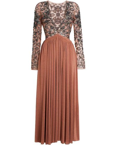 Roberto Cavalli Long V-neck Sequin Embroidered Dress - Brown