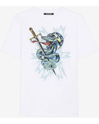 Roberto Cavalli T-shirt aus baumwolle mit schlangendruck - Blau