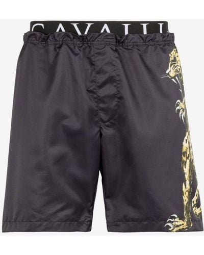 Roberto Cavalli Jaguar Print Logo-waistband Swim Shorts - Blue