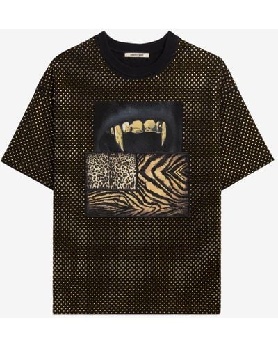 Roberto Cavalli T-shirt aus baumwolle mit kristallverzierung und zahn-print - Schwarz