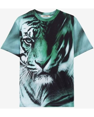 Roberto Cavalli Baumwoll-t-shirt mit tigerprint - Grün