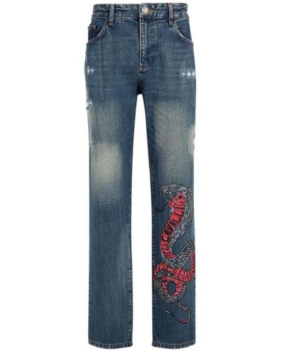 Roberto Cavalli Snake-print Slim-fit Jeans - Blue