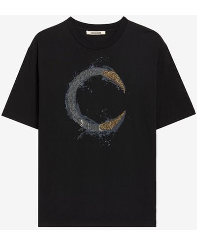 Roberto Cavalli Crystal-embellished C Logo Cotton T-shirt - Black