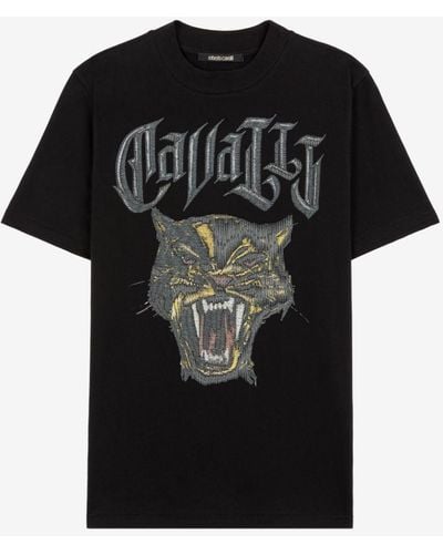 Roberto Cavalli T-shirt aus baumwolle mit panther und logo-stickerei - Schwarz