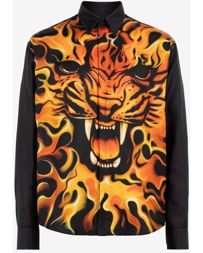 Roberto Cavalli Seidenhemd mit flammen- und löwen-print - Schwarz