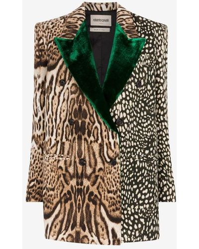 Roberto Cavalli Ocelot And Cheetah-print Double-breasted Blazer - Green