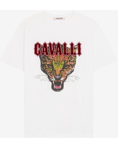 Roberto Cavalli T-shirt aus baumwolle mit logo-applikation und jaguarprint - Weiß