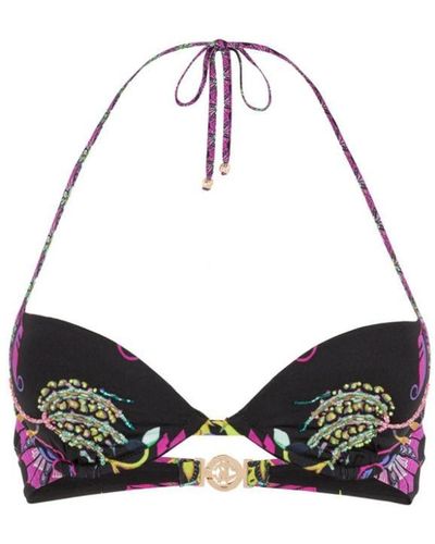 Roberto Cavalli Bead-embellished Abstract-print Bikini Top - Black