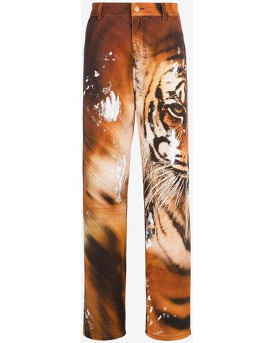 Roberto Cavalli Tiger-print Straight-leg Chinos - Natural