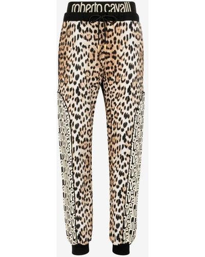 Roberto Cavalli Leopard And Logo-print Cotton Track Trousers - Natural