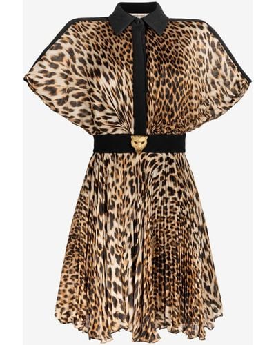 Roberto Cavalli Jaguar-print Pleated Silk Mini Dress - Brown