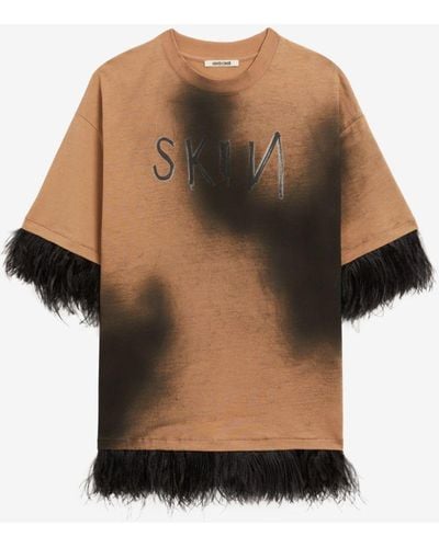 Roberto Cavalli Feather-trimmed Oversized Cotton T-shirt - Brown