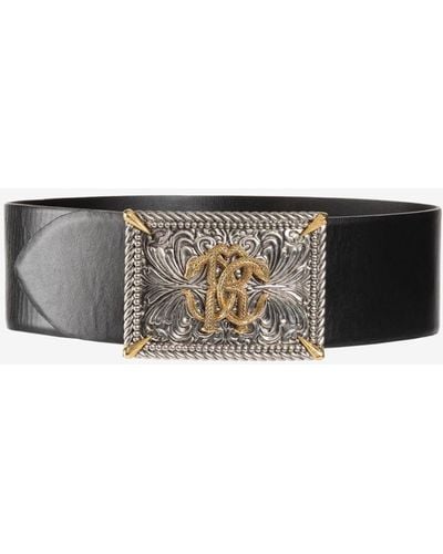 Roberto Cavalli Mirror Snake Leather Belt - White