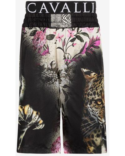 Roberto Cavalli Flower Felix-print Silk Shorts - Black