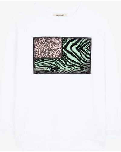 Roberto Cavalli Pullover mit animalischen patchwork-print und applikationen - Weiß