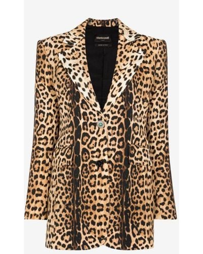 Roberto Cavalli Einreihiger blazer mit leopardenmuster - Weiß
