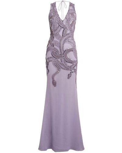 Roberto Cavalli Henna Snake Embroidered Long Dress - Purple