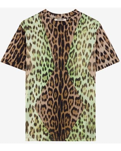 Roberto Cavalli T-shirt aus baumwolle mit jaguar-print - Braun