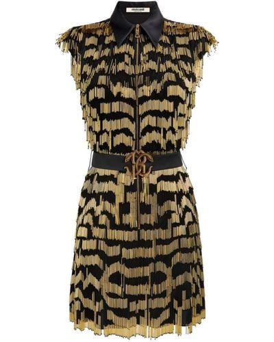 Roberto Cavalli Beaded-fringe Mirror Snake Dress - Black