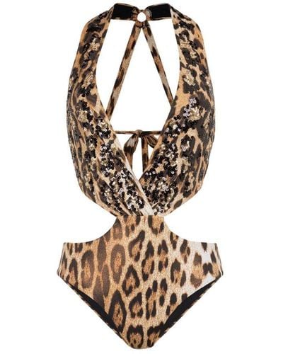 Roberto Cavalli Sequin-embellished Leopard-print Swimsuit - Brown