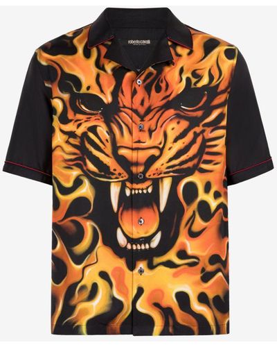 Roberto Cavalli Flame Lion-print Silk Bowling Shirt - Black