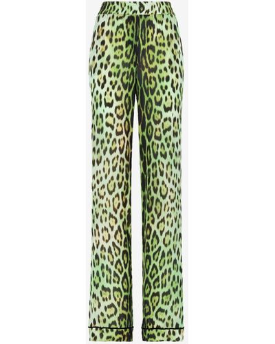 Roberto Cavalli Leopard-print Straight-leg Trousers - Green