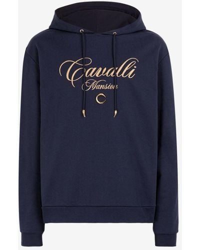 Roberto Cavalli Logo-embroidered Cotton Hoodie - Blue