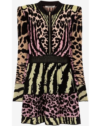 Roberto Cavalli Leopard And Freedom-jacquard Mini Dress - Black