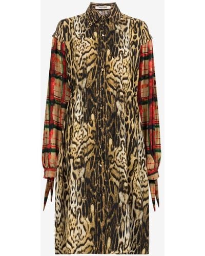 Roberto Cavalli Ocelot And Tartan-print Shirt Dress - Natural