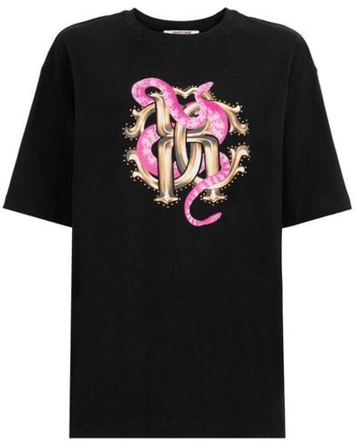 Roberto Cavalli Rc Monogram Snake-print Cotton T-shirt - Black