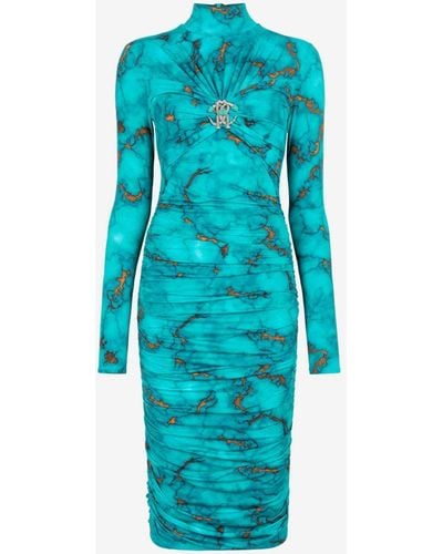 Roberto Cavalli Kleid mit marmorprint und monogramm mirror snake - Blau