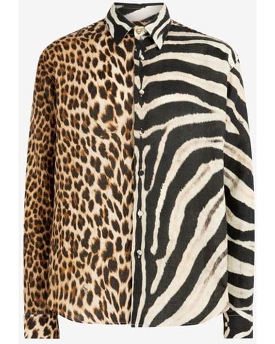 Roberto Cavalli Leopard And Zebra-print Linen Shirt - Multicolor