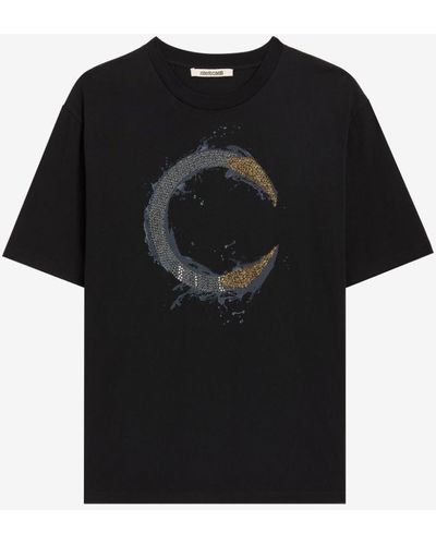 Roberto Cavalli T-shirt aus baumwolle mit kristallverziertem c logo - Schwarz