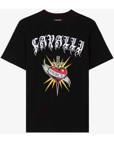 Roberto Cavalli T-shirt mit logo-stickerei aus baumwolle - Schwarz