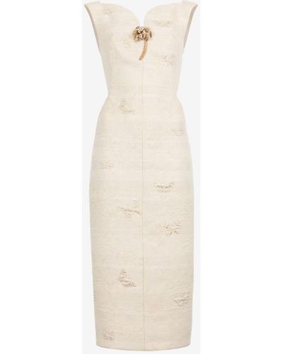 Roberto Cavalli Kleid aus geblümtem brokat mit palmenverzierung - Weiß